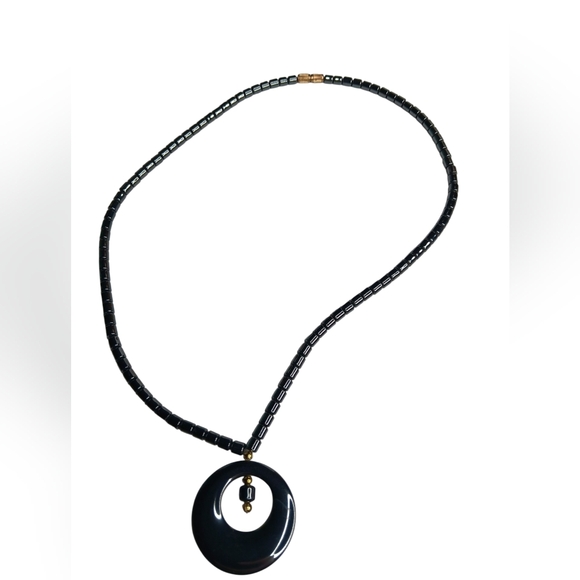 Jewelry - Black Beaded Necklace with Circular Pendant